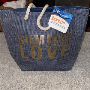 NWT Summer Love Beach Tote - Navy with Gold Lettering pouch included beach tote